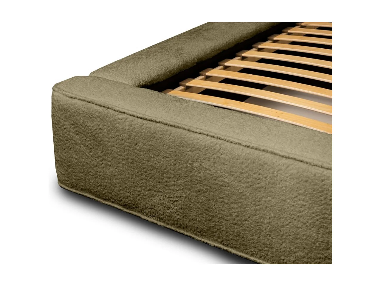 Lit coffre VELORA – Olive bouclé – 160x200 cm – Tissu velours doux – Sommier relevable – Rangement intégré