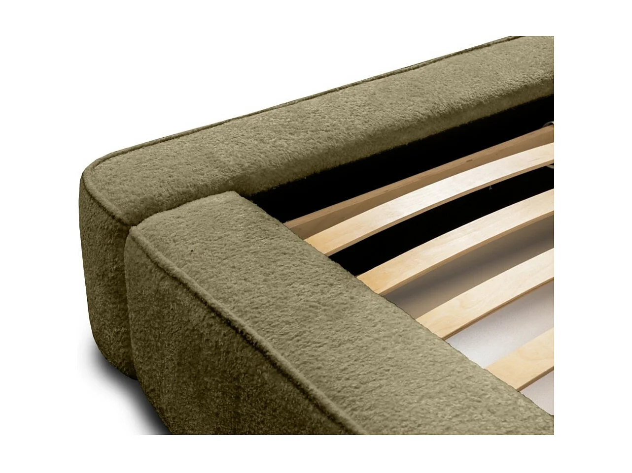 Lit coffre VELORA – Olive bouclé – 160x200 cm – Tissu velours doux – Sommier relevable – Rangement intégré