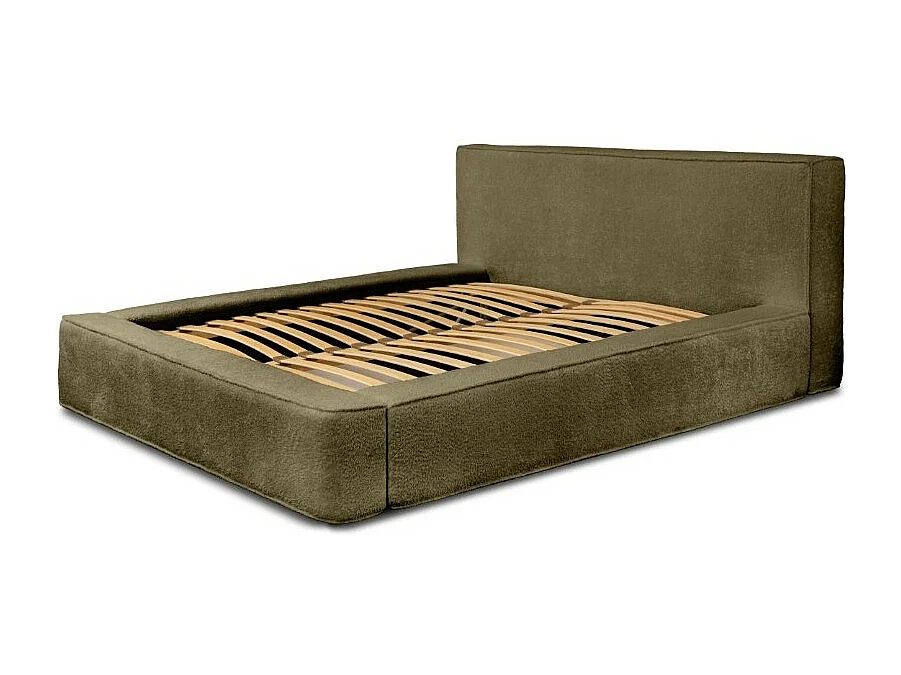 Lit coffre DENALI – Olive bouclé – 160x200 cm – Tecido de veludo macio – Estrado elevatório – Armazenamento integrado