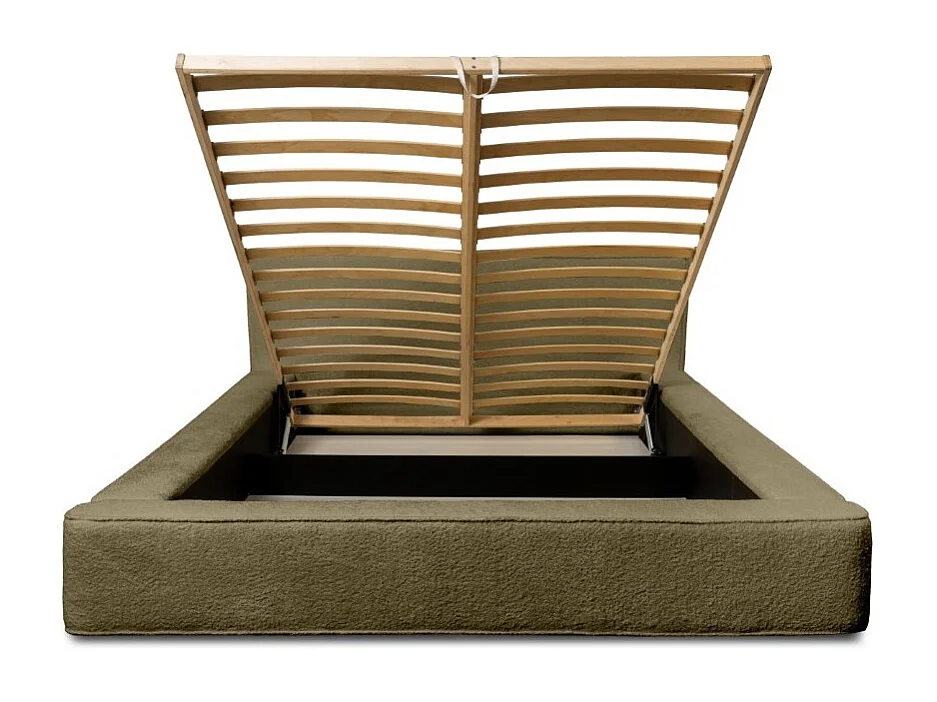 Lit coffre DENALI – Olive bouclé – 160x200 cm – Tecido de veludo macio – Estrado elevatório – Armazenamento integrado