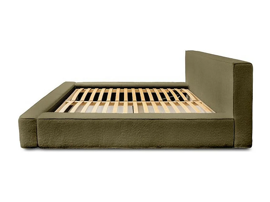 Lit coffre DENALI – Olive bouclé – 160x200 cm – Tecido de veludo macio – Estrado elevatório – Armazenamento integrado