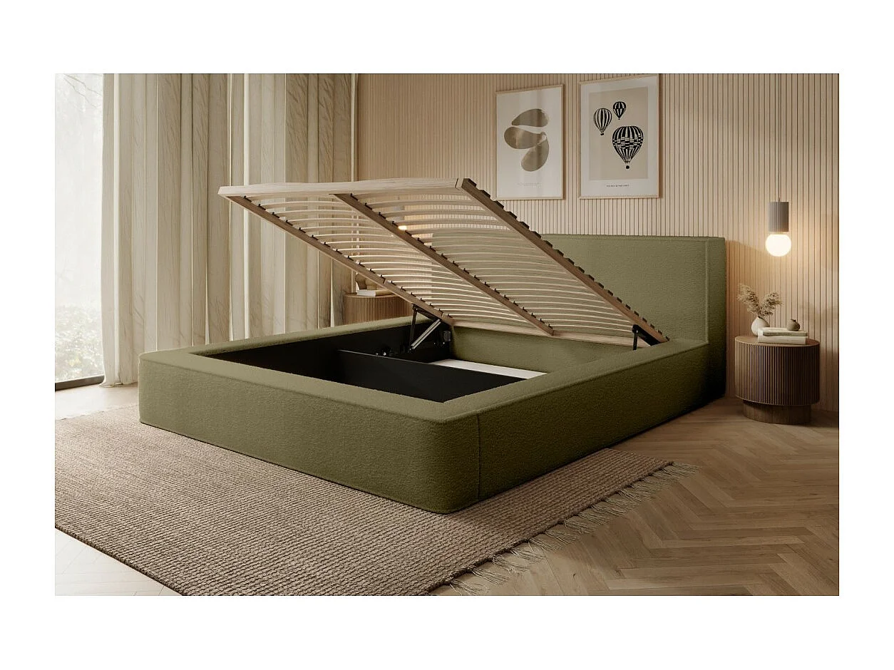 Lit coffre DENALI – Olive bouclé – 160x200 cm – Tecido de veludo macio – Estrado elevatório – Armazenamento integrado