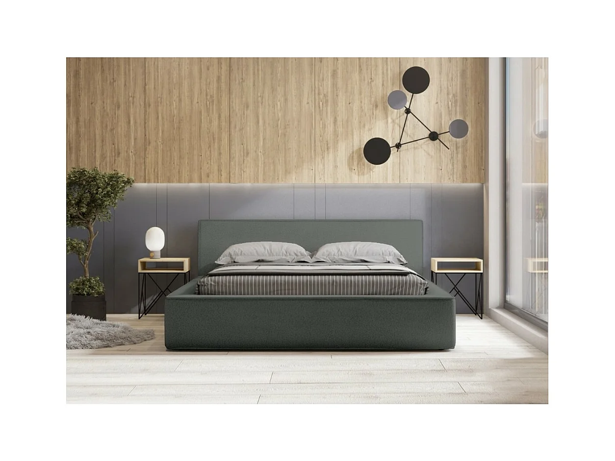 Cama con canapé DENALI – Pizarra rizado – 160x200 cm – Tela terciopelo suave – Somier elevable – Almacenamiento integrado