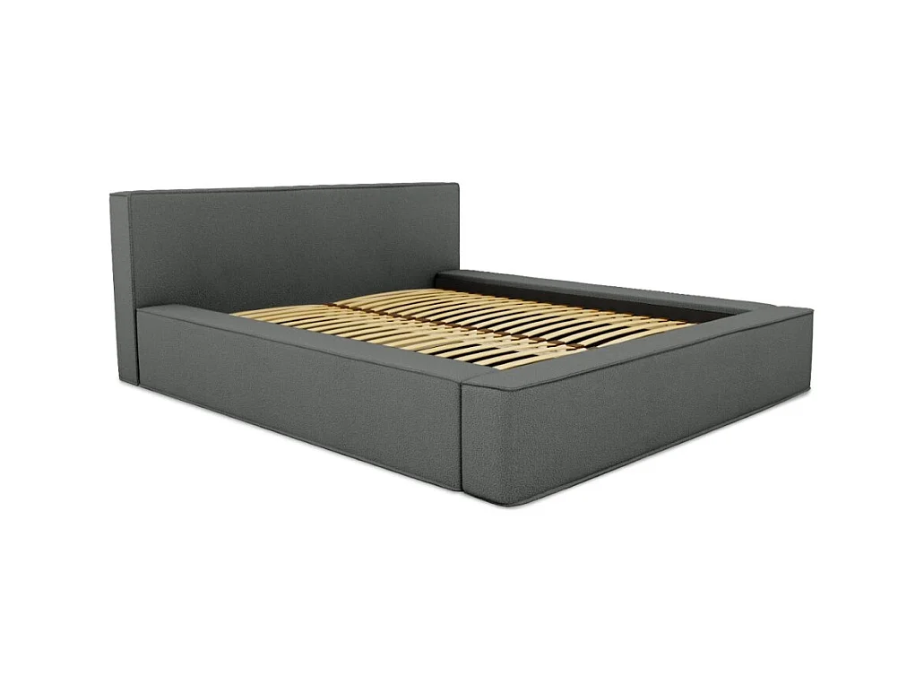 Cama con canapé DENALI – Pizarra rizado – 160x200 cm – Tela terciopelo suave – Somier elevable – Almacenamiento integrado