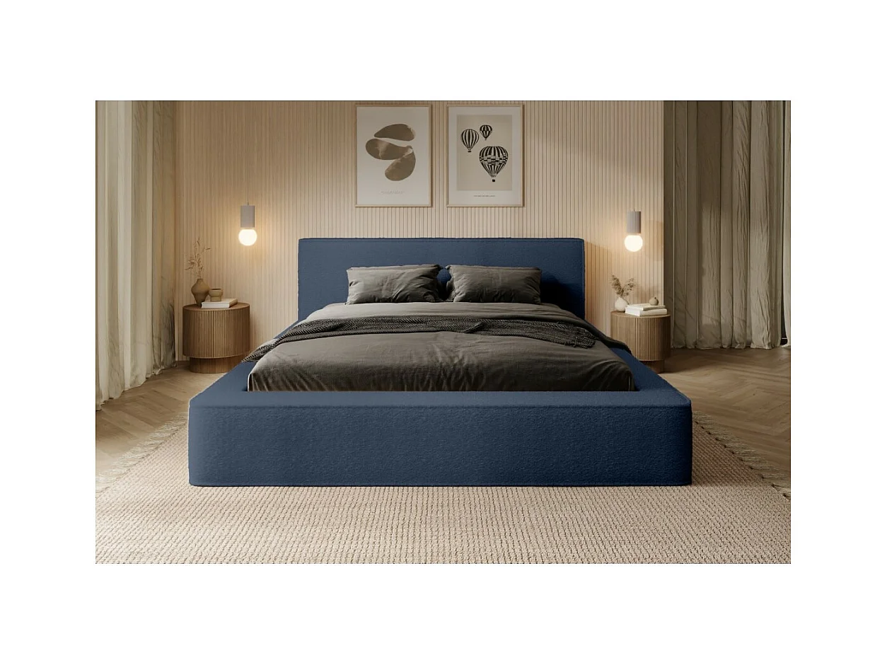 Lit cofre DENALI – Azul acero rizado – 140x200 cm – Tela terciopelo suave – Somier elevable – Almacenamiento integrado