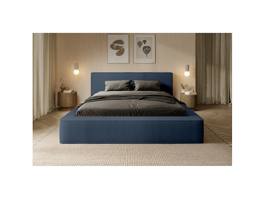 Lit cofre DENALI – Azul acero rizado – 140x200 cm – Tela terciopelo suave – Somier elevable – Almacenamiento integrado