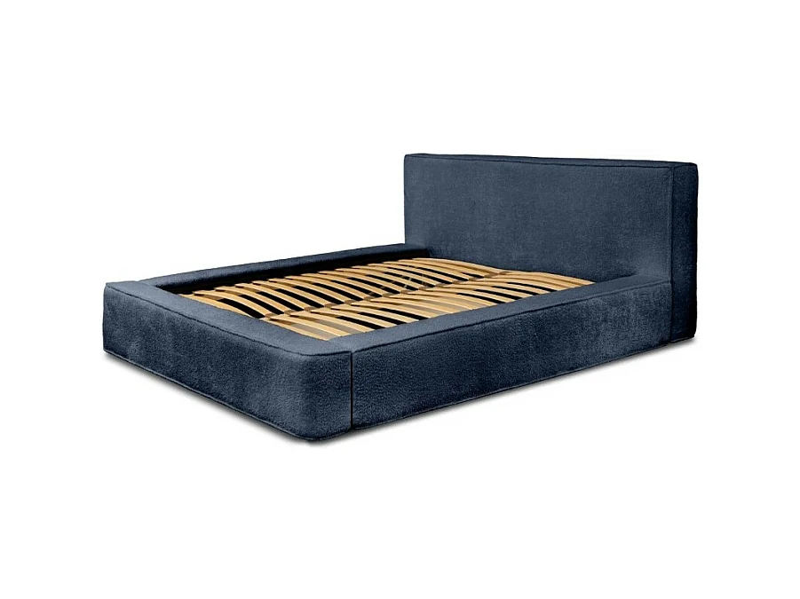 Lit cofre DENALI – Azul acero rizado – 140x200 cm – Tela terciopelo suave – Somier elevable – Almacenamiento integrado