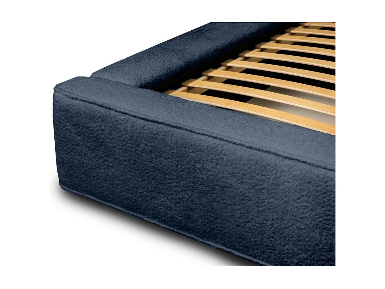 Lit cofre DENALI – Azul acero rizado – 140x200 cm – Tela terciopelo suave – Somier elevable – Almacenamiento integrado