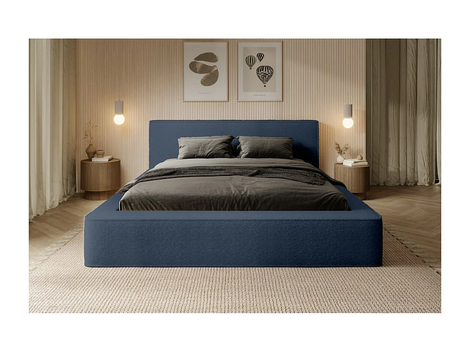 Cama baú DENALI – Azul aço bouclé – 140x200 cm – Tecido veludo macio – Estrado elevatório – Armazenamento integrado