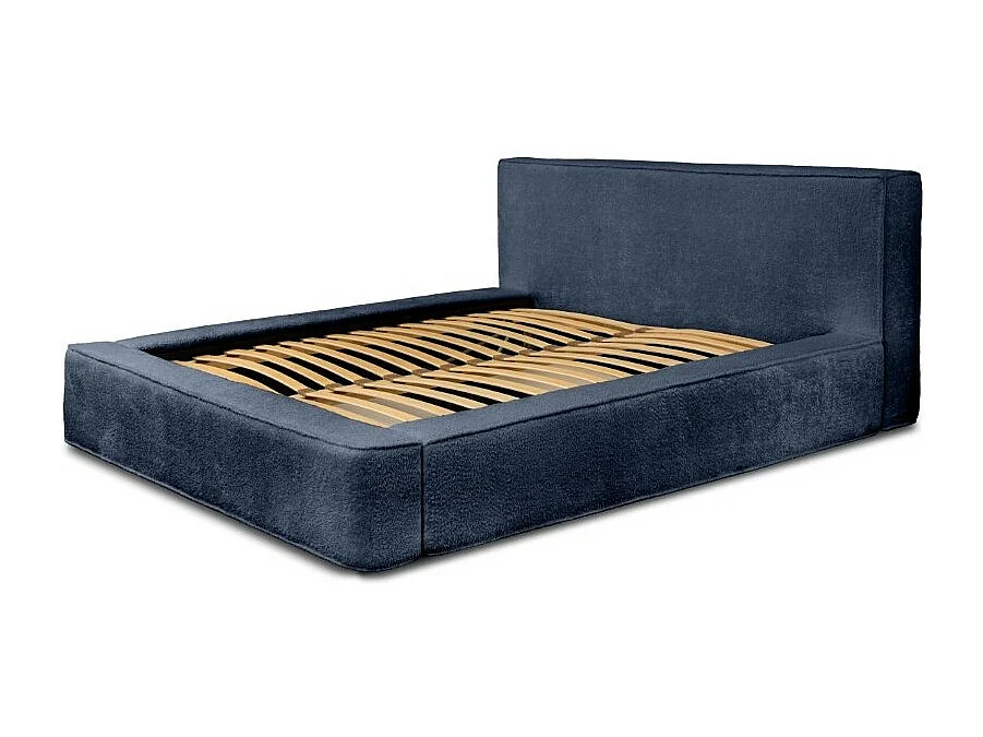 Cama baú DENALI – Azul aço bouclé – 140x200 cm – Tecido veludo macio – Estrado elevatório – Armazenamento integrado