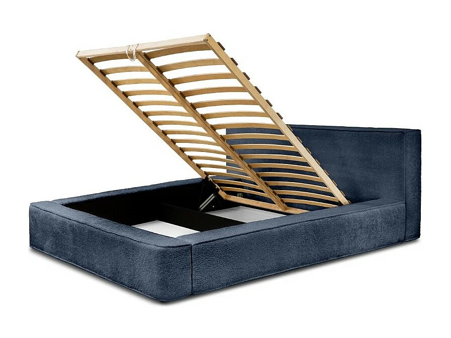 Cama baú DENALI – Azul aço bouclé – 140x200 cm – Tecido veludo macio – Estrado elevatório – Armazenamento integrado