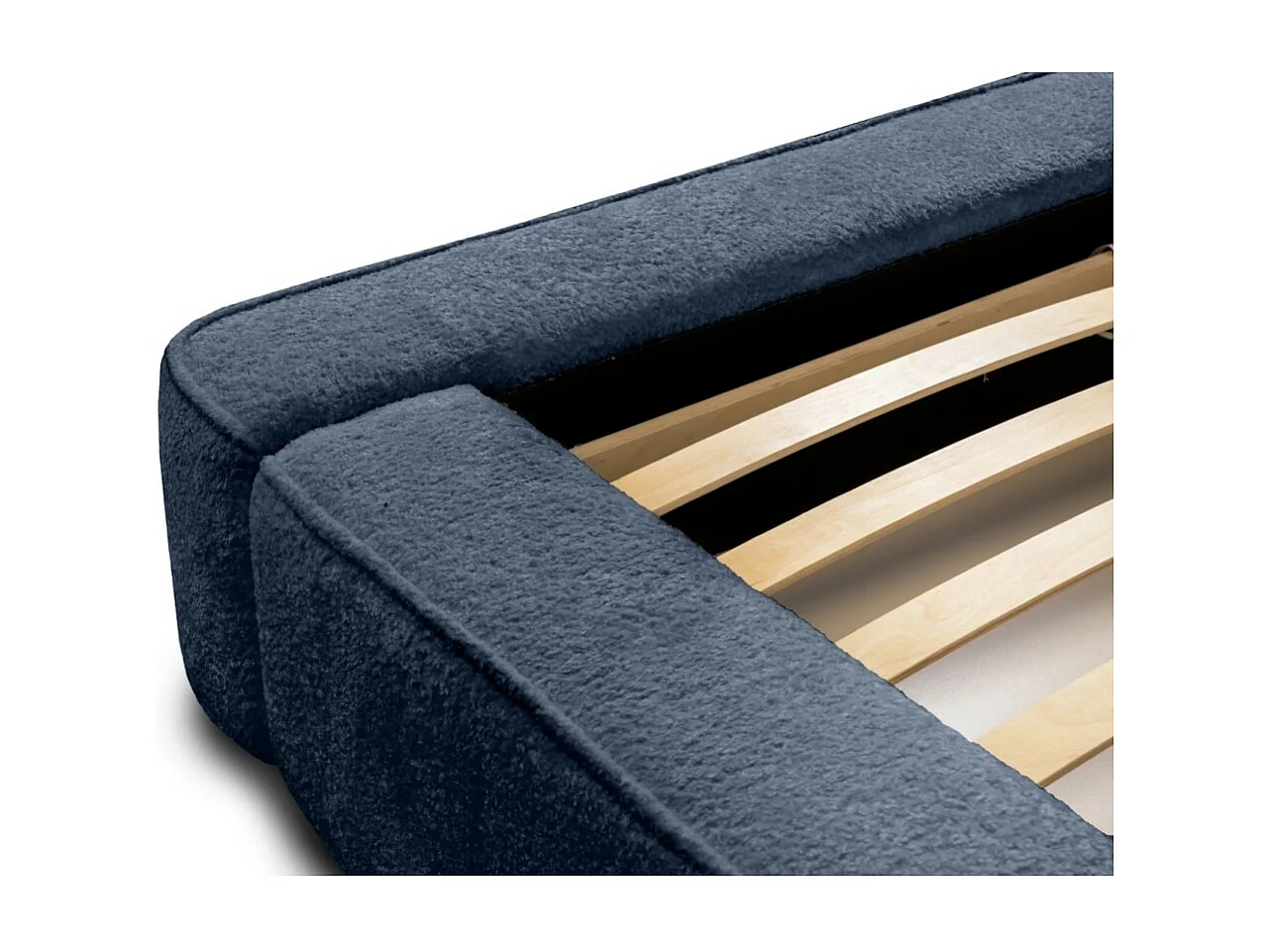 Cama baú DENALI – Azul aço bouclé – 140x200 cm – Tecido veludo macio – Estrado elevatório – Armazenamento integrado