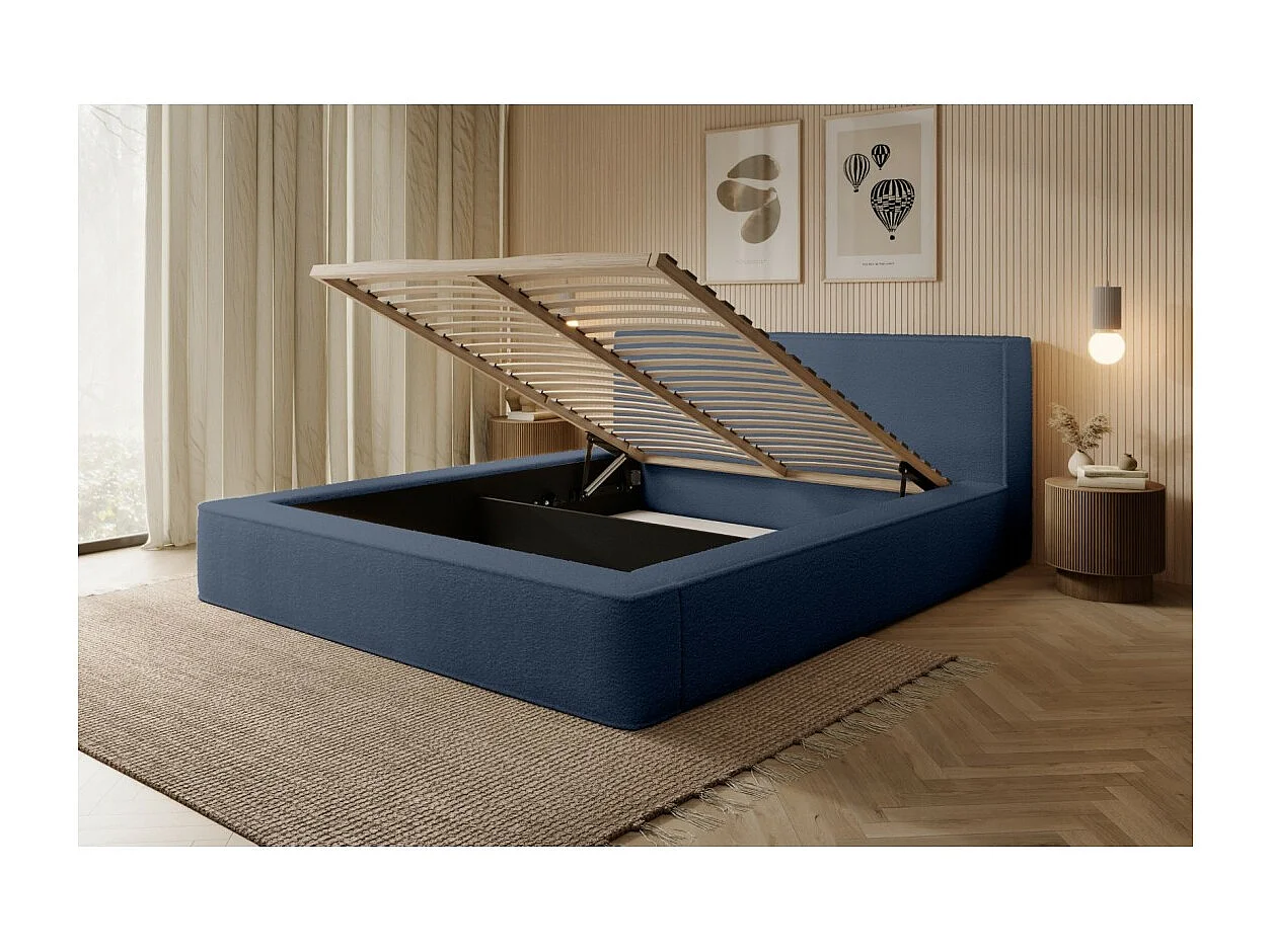 Cama baú DENALI – Azul aço bouclé – 140x200 cm – Tecido veludo macio – Estrado elevatório – Armazenamento integrado