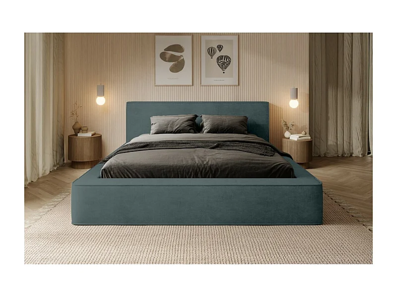 Lit coffre DENALI – Verde esmeralda – 180x200 cm – Tecido de veludo suave – Estrado elevatório – Armazenamento integrado