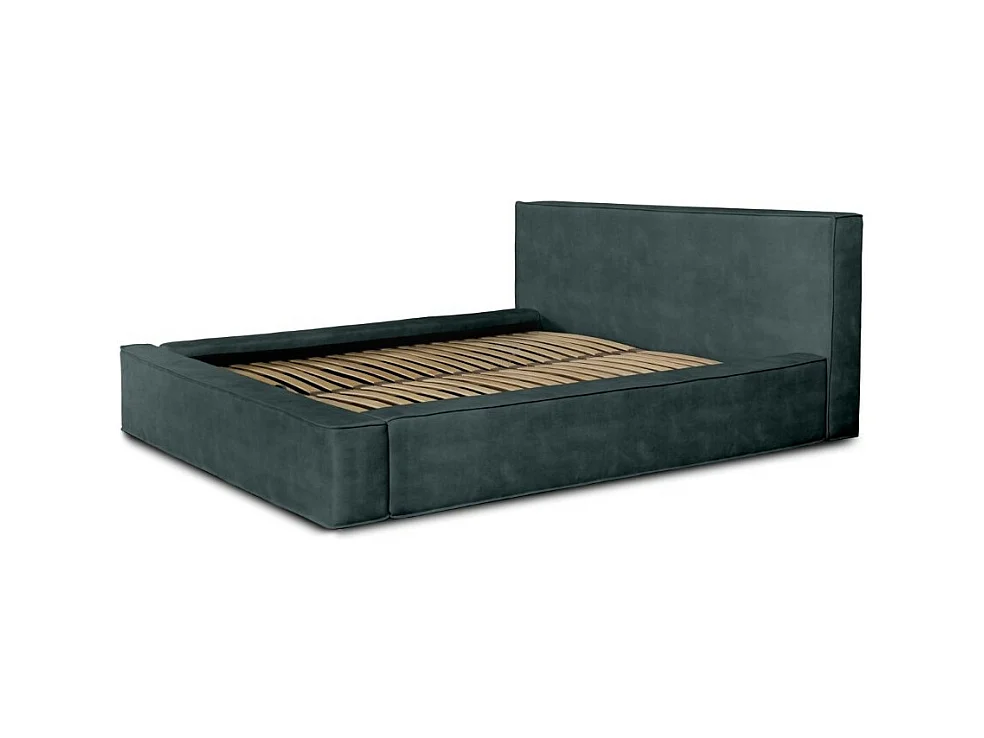 Lit coffre DENALI – Verde esmeralda – 180x200 cm – Tecido de veludo suave – Estrado elevatório – Armazenamento integrado