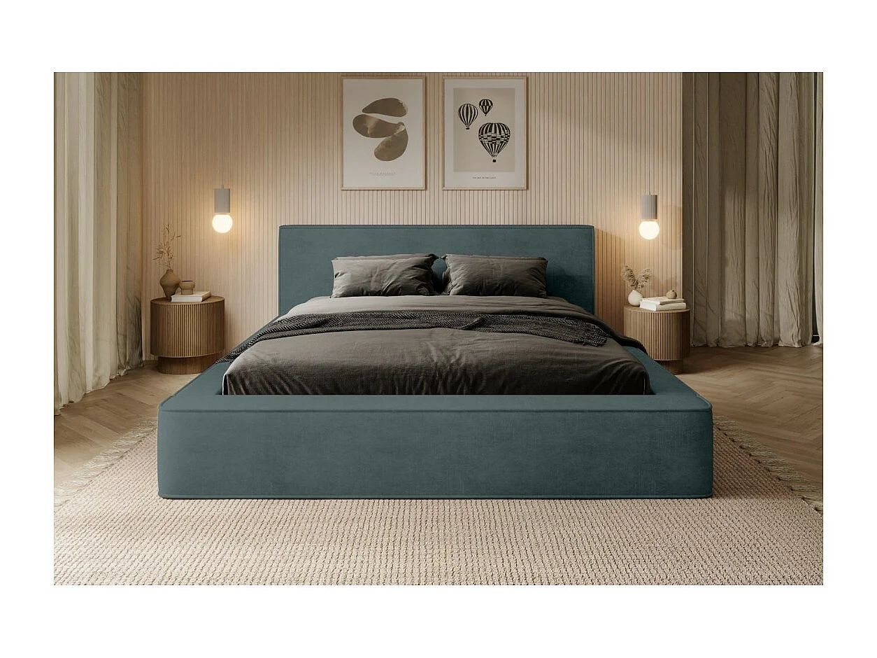 Lit coffre DENALI – Verde esmeralda – 180x200 cm – Tecido de veludo suave – Estrado elevatório – Armazenamento integrado