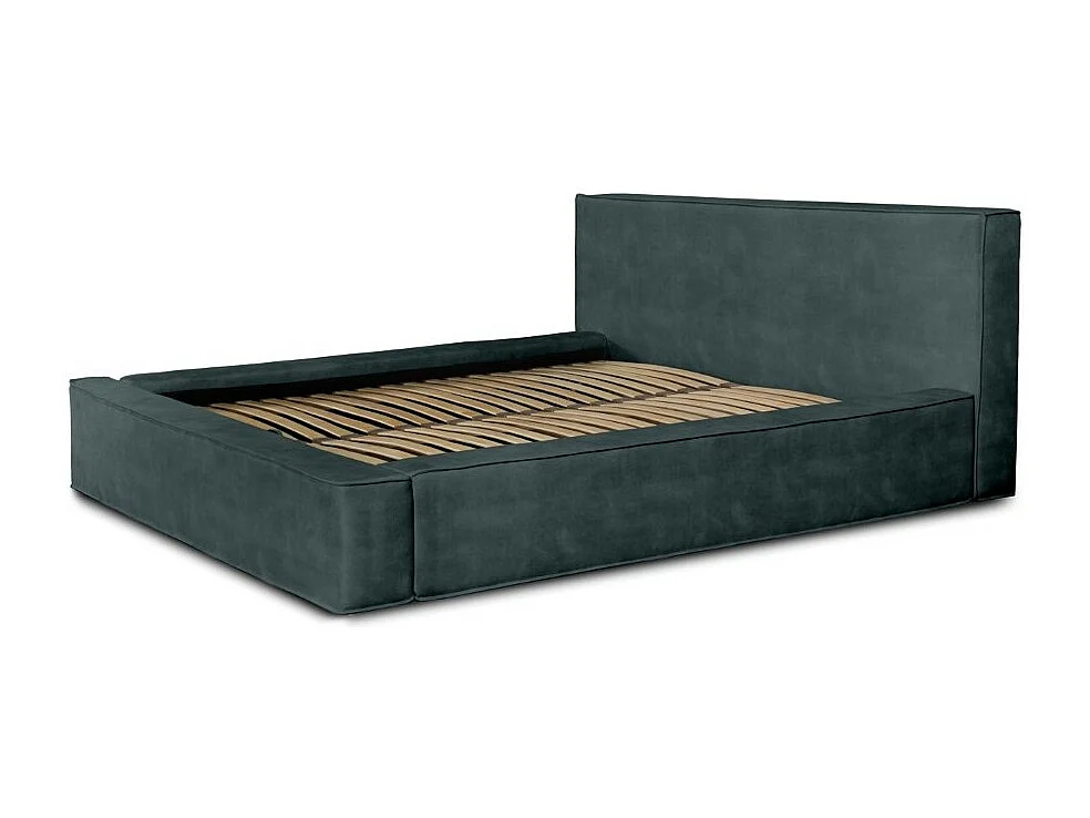 Lit coffre DENALI – Verde esmeralda – 180x200 cm – Tecido de veludo suave – Estrado elevatório – Armazenamento integrado
