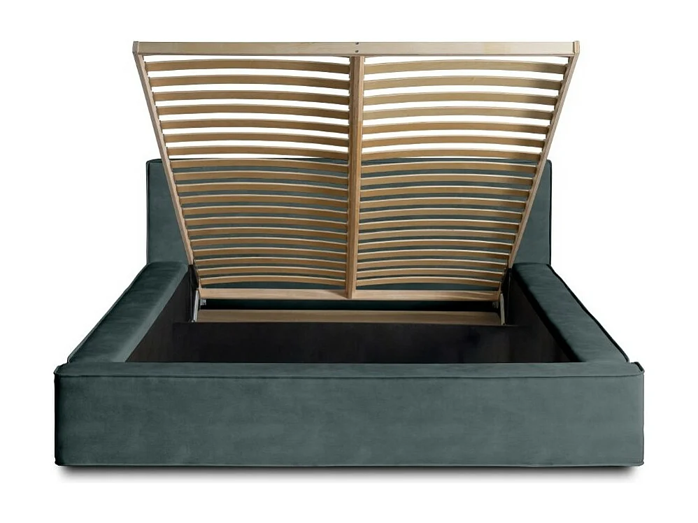 Lit coffre DENALI – Verde esmeralda – 180x200 cm – Tecido de veludo suave – Estrado elevatório – Armazenamento integrado