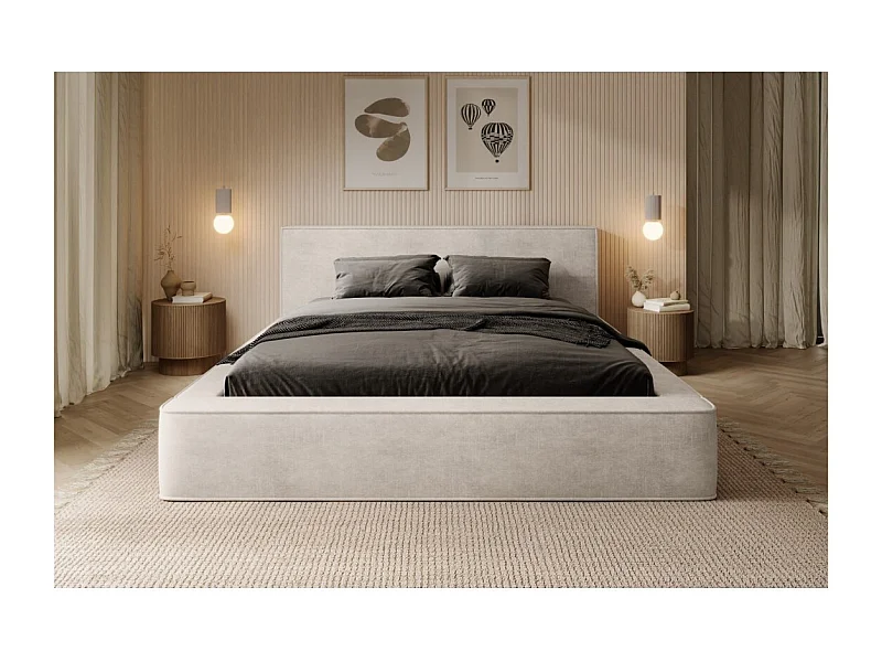 Cama baú DENALI – Pérola – 180x200 cm – Tecido veludo suave – Estrado elevatório – Armazenamento integrado