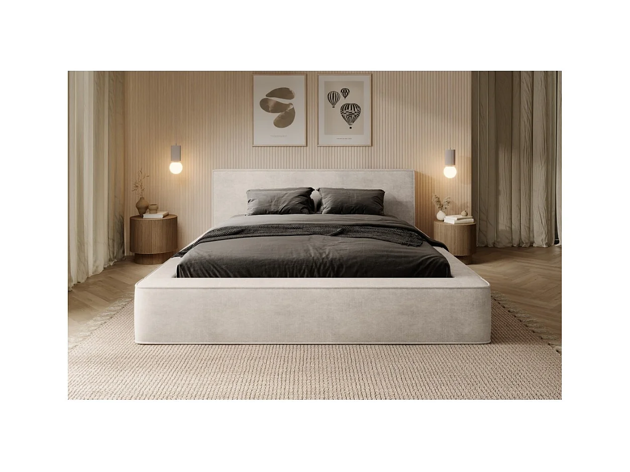 Cama baú DENALI – Pérola – 180x200 cm – Tecido veludo suave – Estrado elevatório – Armazenamento integrado