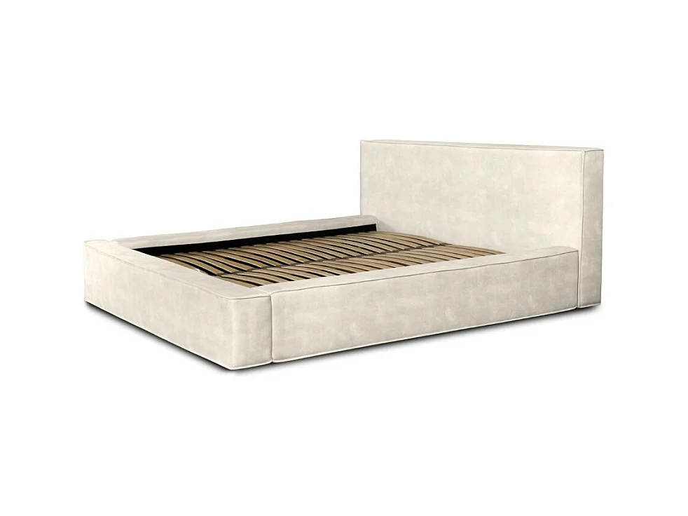 Cama baú DENALI – Pérola – 180x200 cm – Tecido veludo suave – Estrado elevatório – Armazenamento integrado