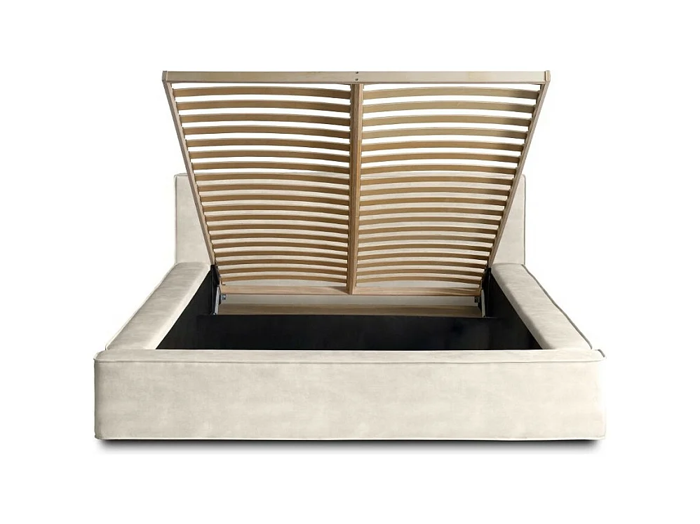 Cama baú DENALI – Pérola – 180x200 cm – Tecido veludo suave – Estrado elevatório – Armazenamento integrado