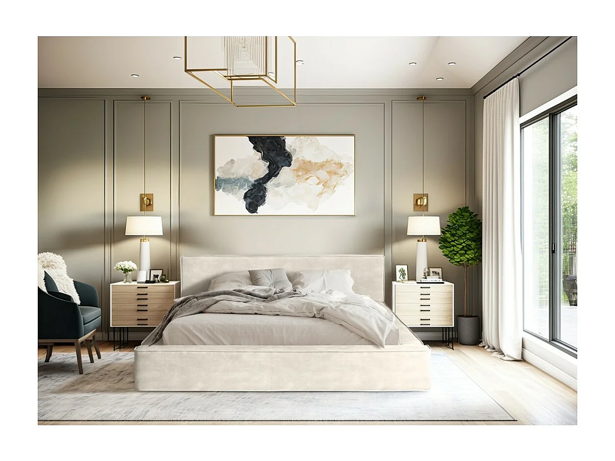 Cama baú DENALI – Pérola – 180x200 cm – Tecido veludo suave – Estrado elevatório – Armazenamento integrado