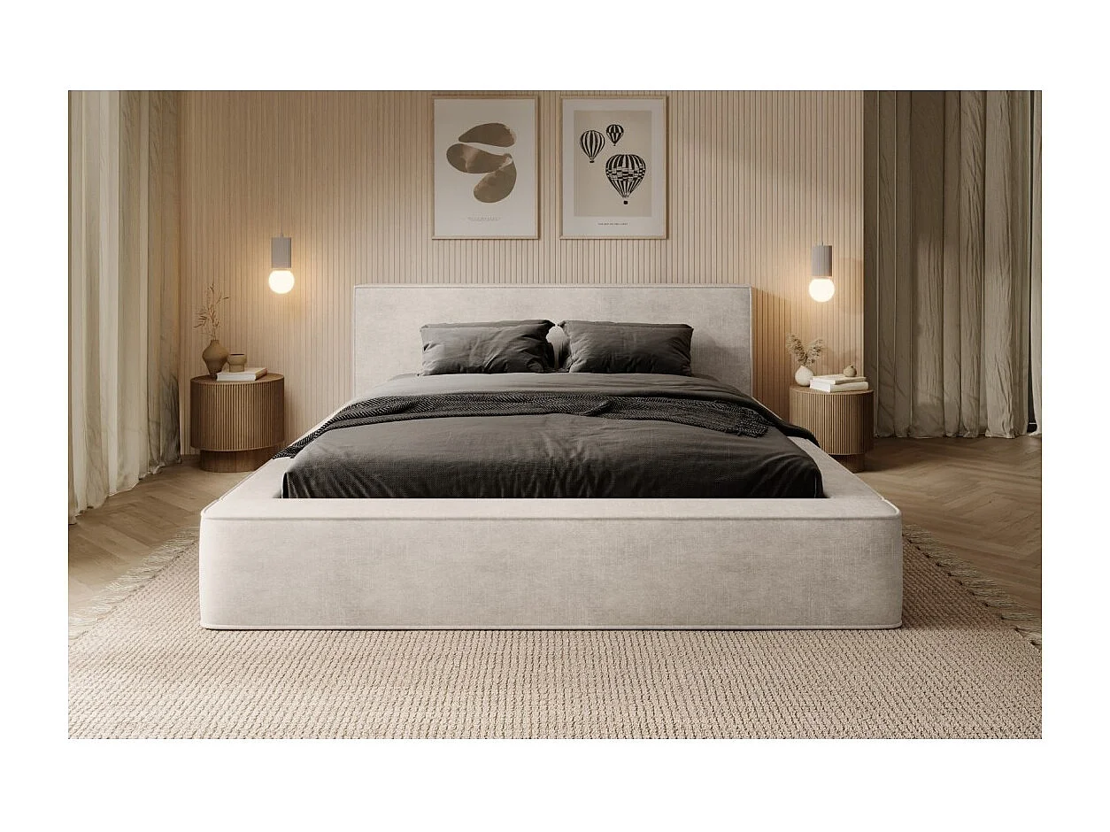 Cama baú DENALI – Pérola – 180x200 cm – Tecido veludo suave – Estrado elevatório – Armazenamento integrado