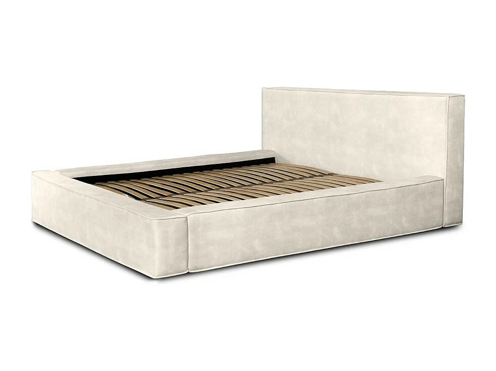 Cama baú DENALI – Pérola – 180x200 cm – Tecido veludo suave – Estrado elevatório – Armazenamento integrado