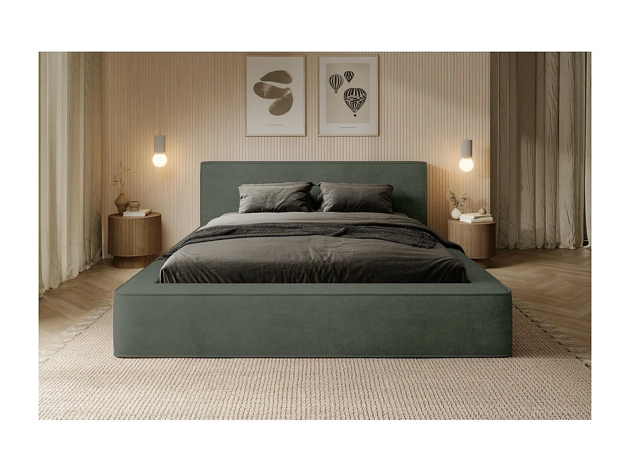 Lit coffre VELORA – Vert sapin – 160x200 cm – Tissu velours doux – Sommier relevable – Rangement intégré