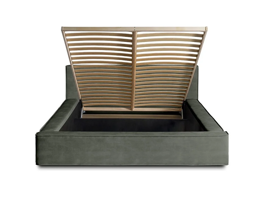 Lit coffre VELORA – Vert sapin – 160x200 cm – Tissu velours doux – Sommier relevable – Rangement intégré