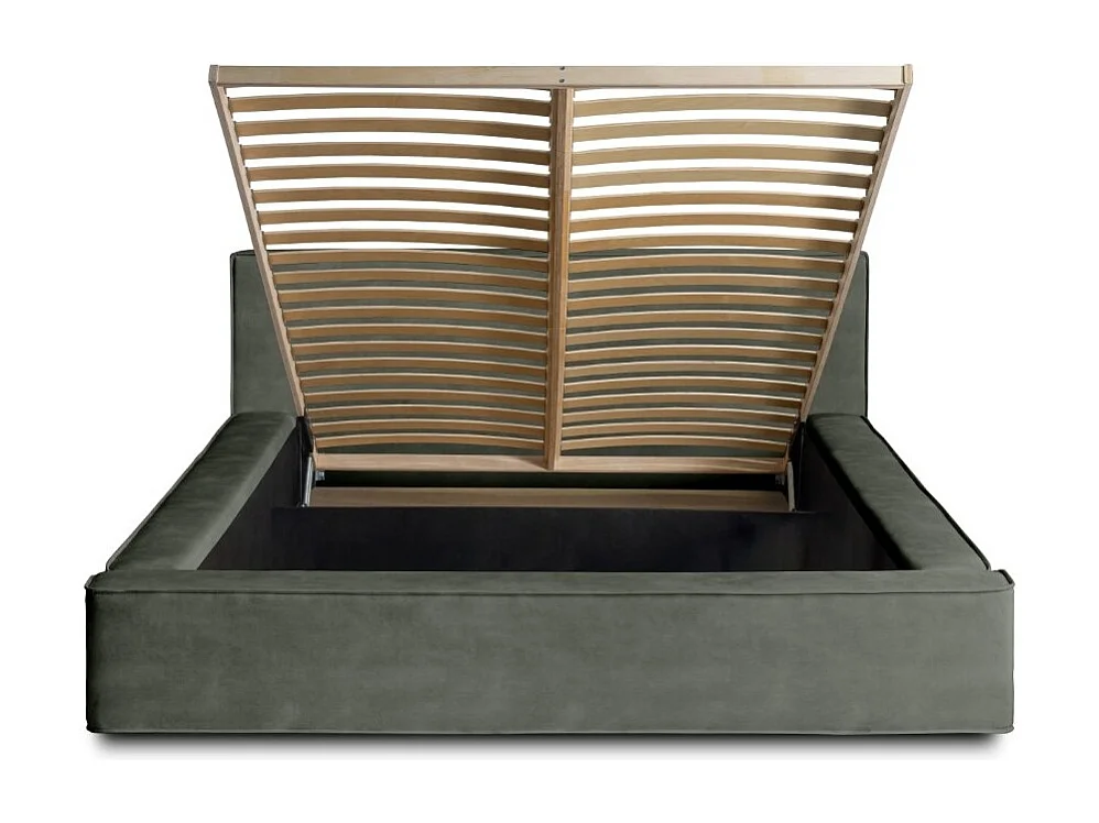 Lit coffre DENALI – Verde pinheiro – 160x200 cm – Tecido veludo macio – Estrado elevatório – Armazenamento integrado