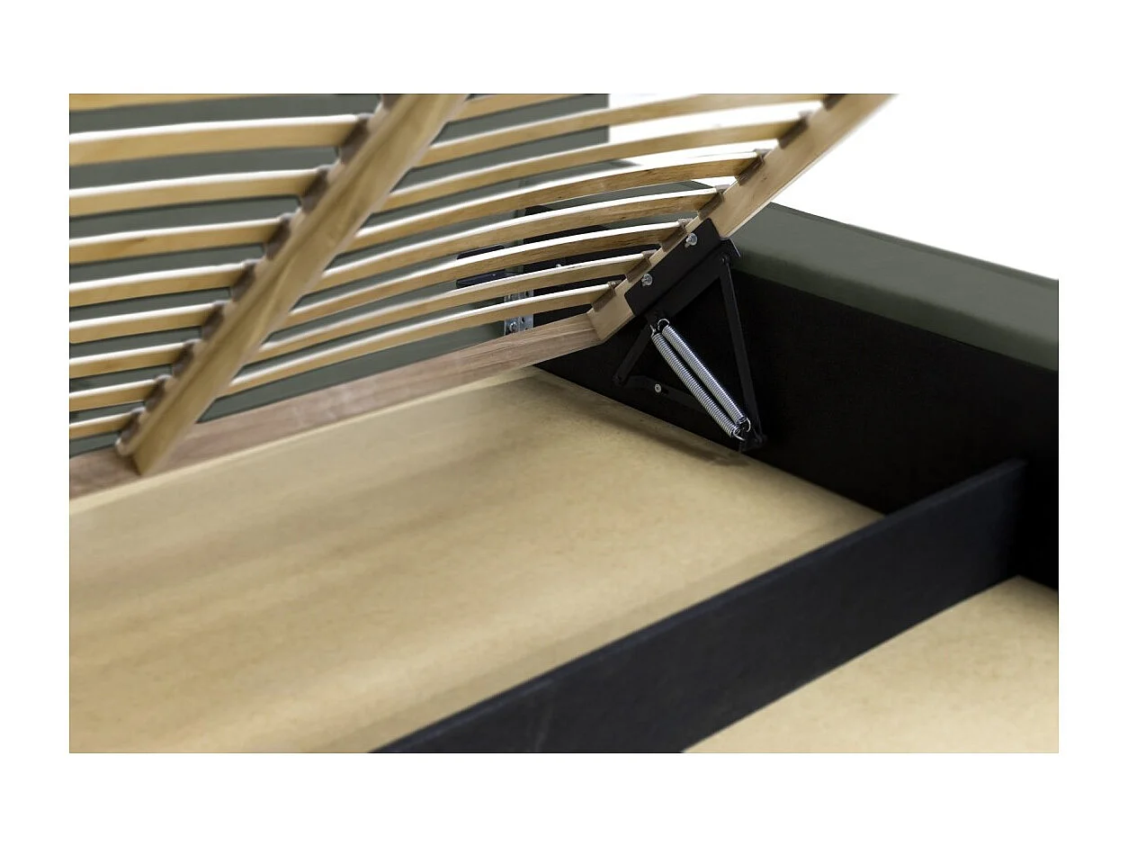 Lit coffre DENALI – Verde pinheiro – 160x200 cm – Tecido veludo macio – Estrado elevatório – Armazenamento integrado