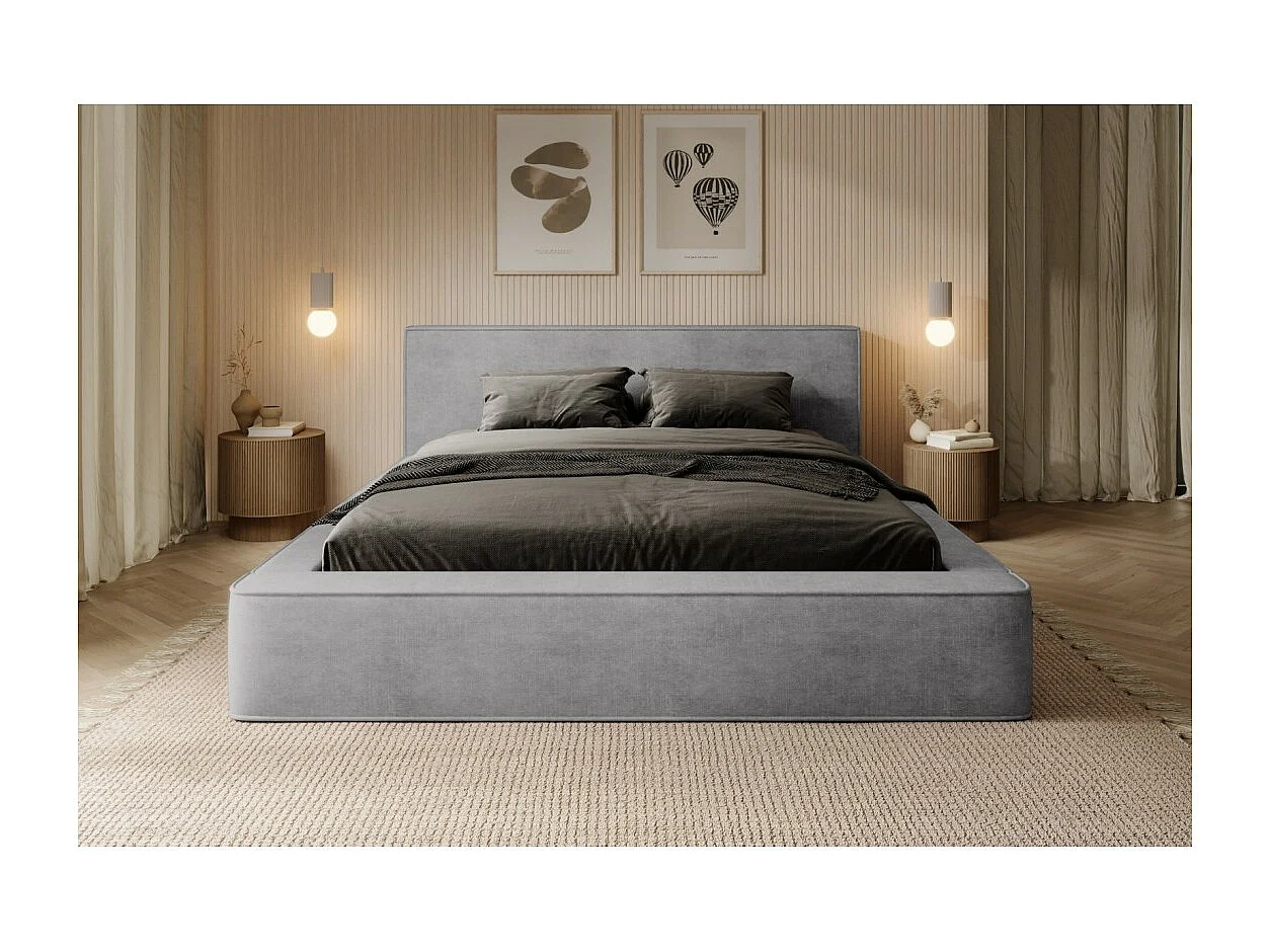 Lit coffre VELORA – Gris clair – 160x200 cm – Tissu velours doux – Sommier relevable – Rangement intégré