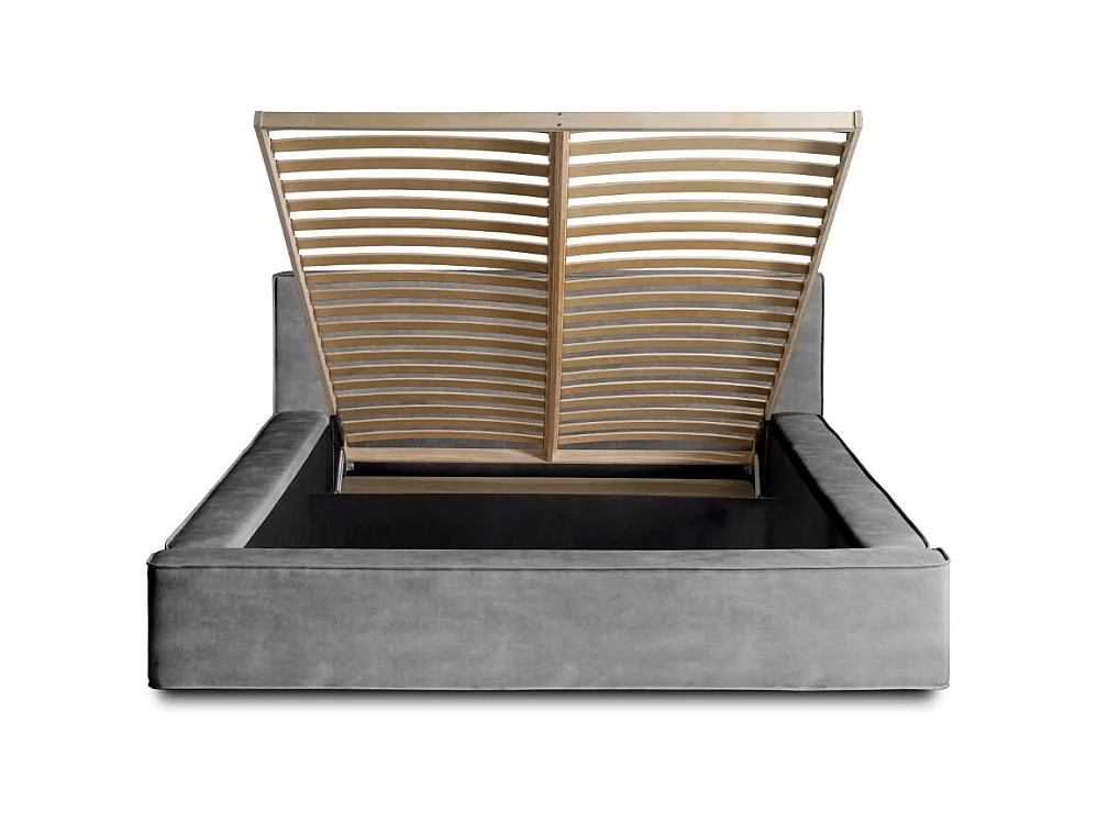 Lit coffre VELORA – Gris clair – 160x200 cm – Tissu velours doux – Sommier relevable – Rangement intégré