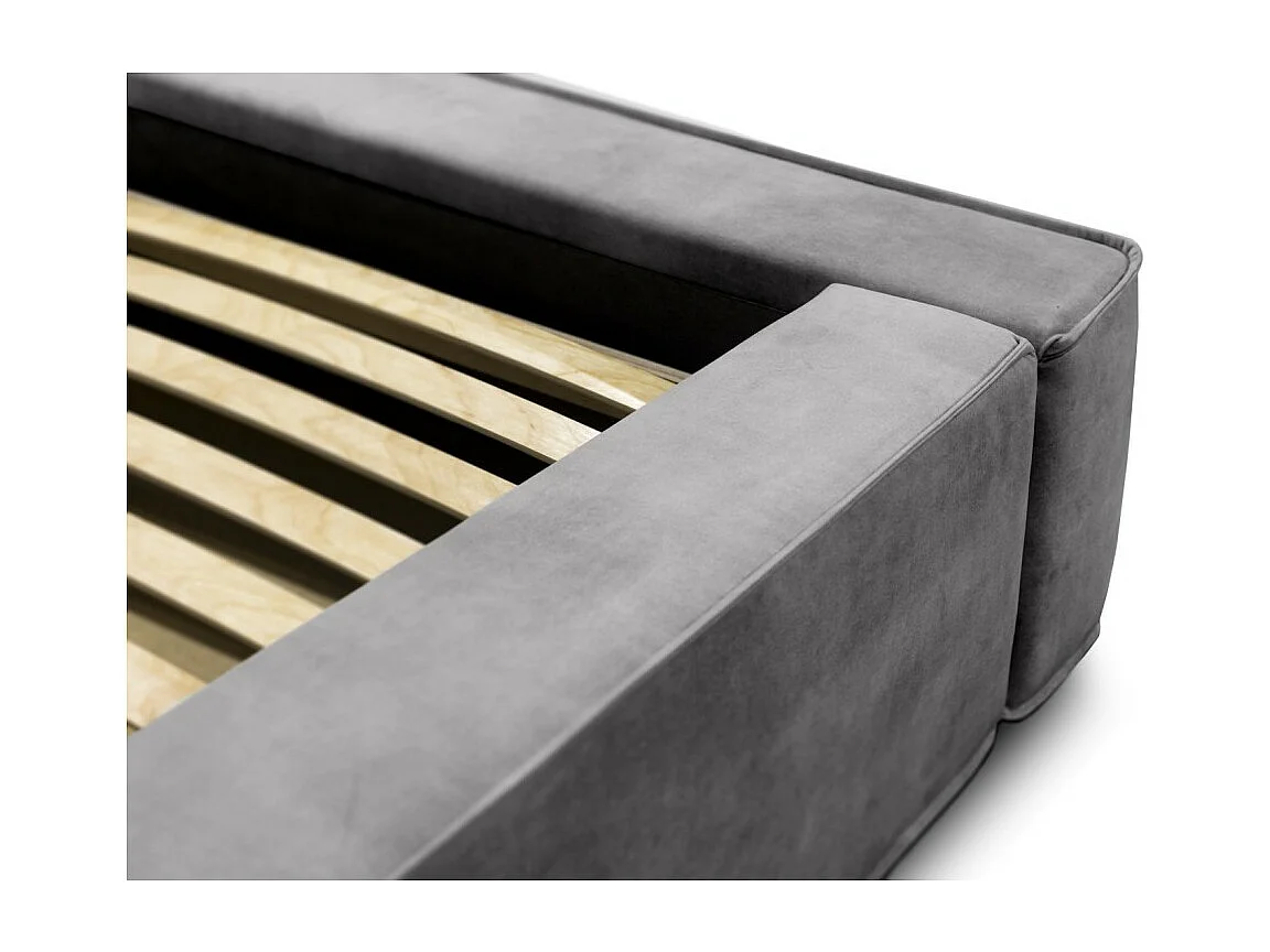 Lit coffre VELORA – Gris clair – 160x200 cm – Tissu velours doux – Sommier relevable – Rangement intégré