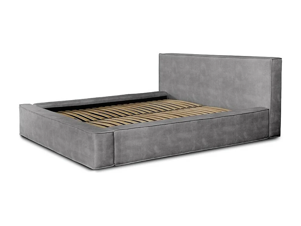 Cama baú DENALI – Cinza claro – 160x200 cm – Tecido de veludo macio – Estrado elevatório – Armazenamento integrado