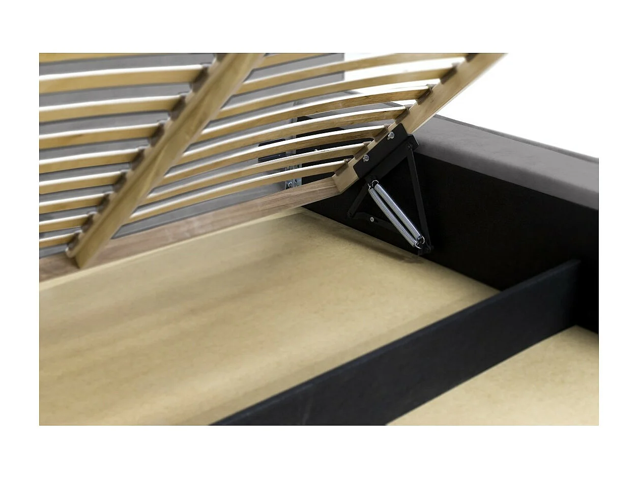 Cama baú DENALI – Cinza claro – 160x200 cm – Tecido de veludo macio – Estrado elevatório – Armazenamento integrado