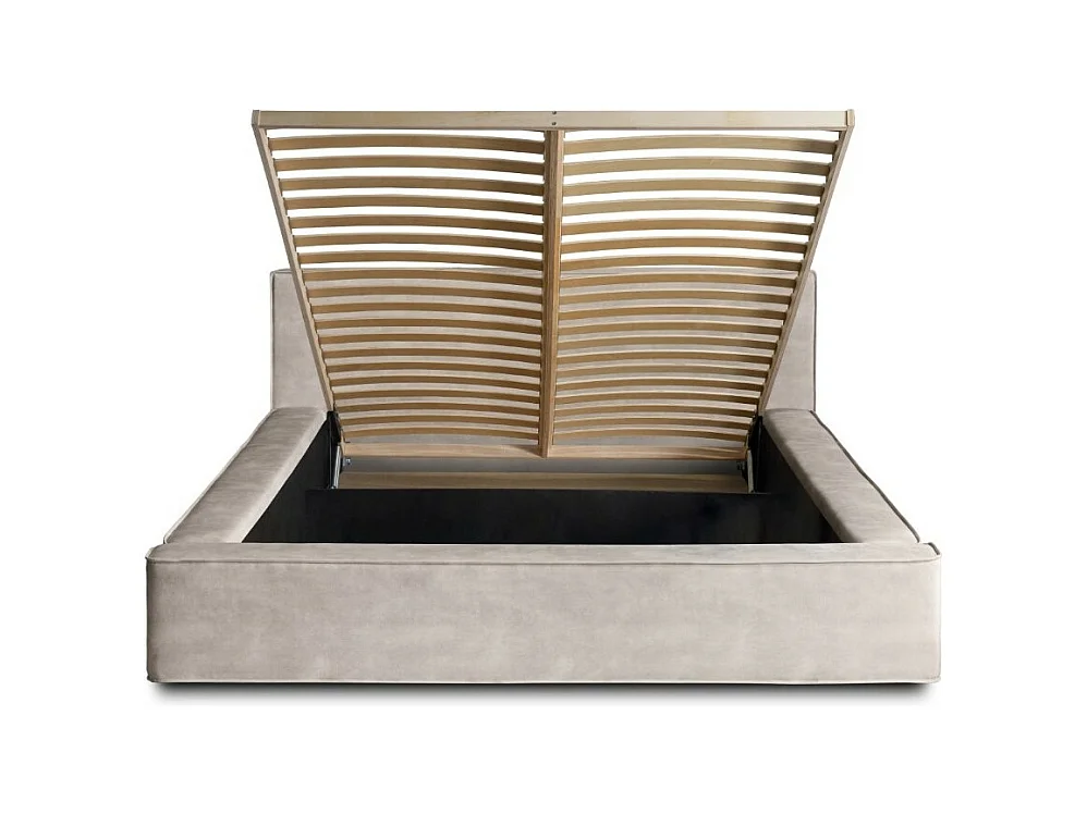 Lit coffre VELORA – Sable – 160x200 cm – Tissu velours doux – Sommier relevable – Rangement intégré