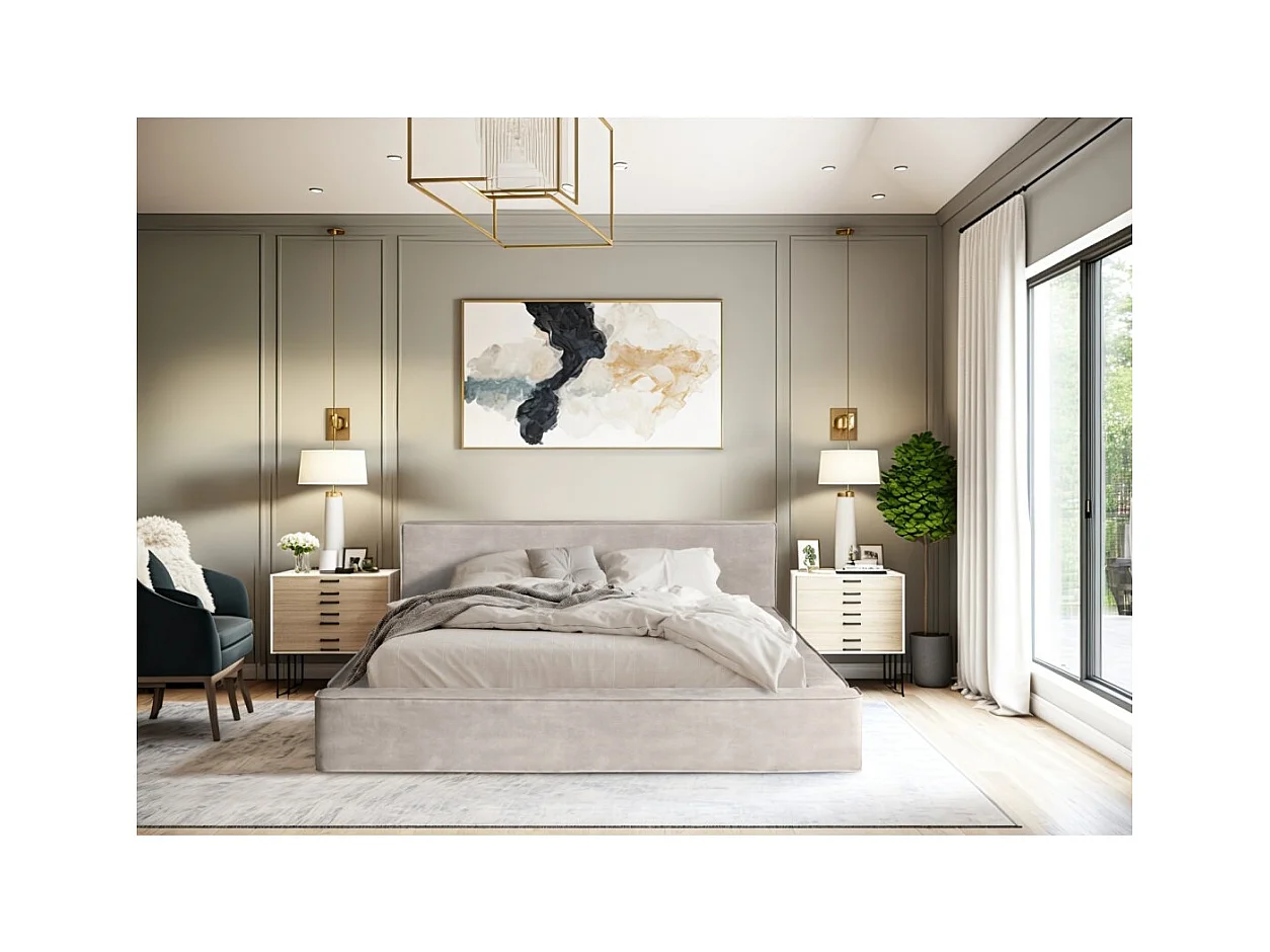 Lit coffre VELORA – Sable – 160x200 cm – Tissu velours doux – Sommier relevable – Rangement intégré