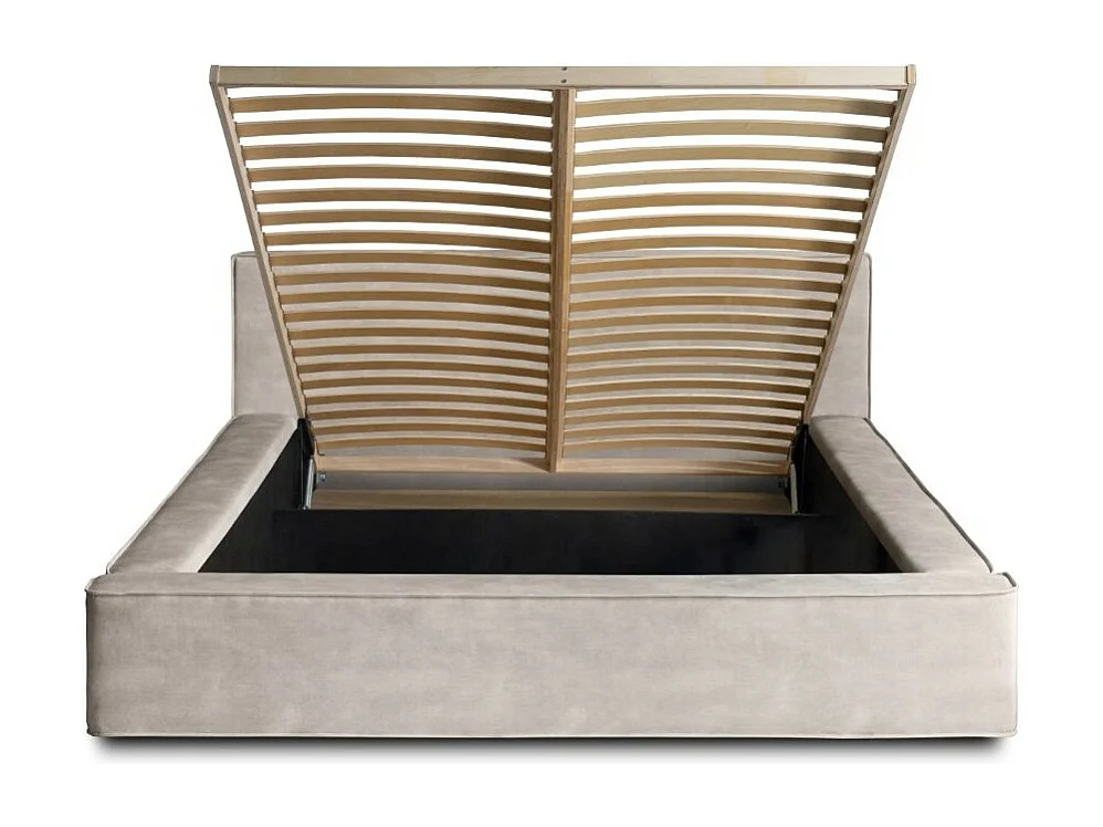 Lit coffre DENALI – Areia – 160x200 cm – Tecido de veludo suave – Estrado elevatório – Armazenamento integrado