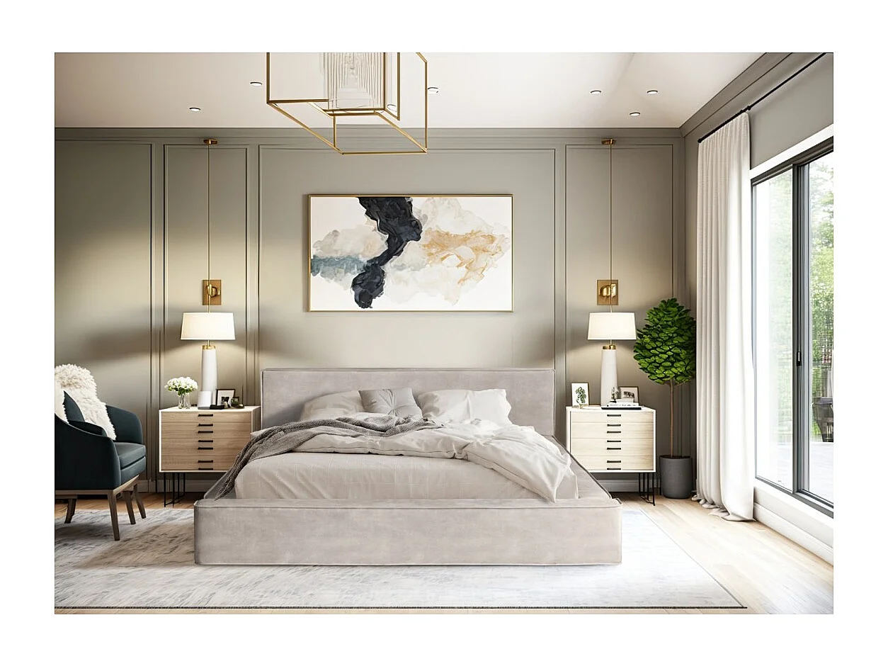 Lit coffre DENALI – Areia – 160x200 cm – Tecido de veludo suave – Estrado elevatório – Armazenamento integrado