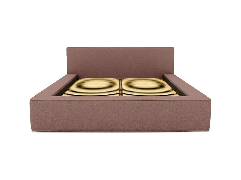 Lit coffre DENALI – Terra-cota bouclé – 140x200 cm – Tecido veludo macio – Estrado elevatório – Armazenamento integrado