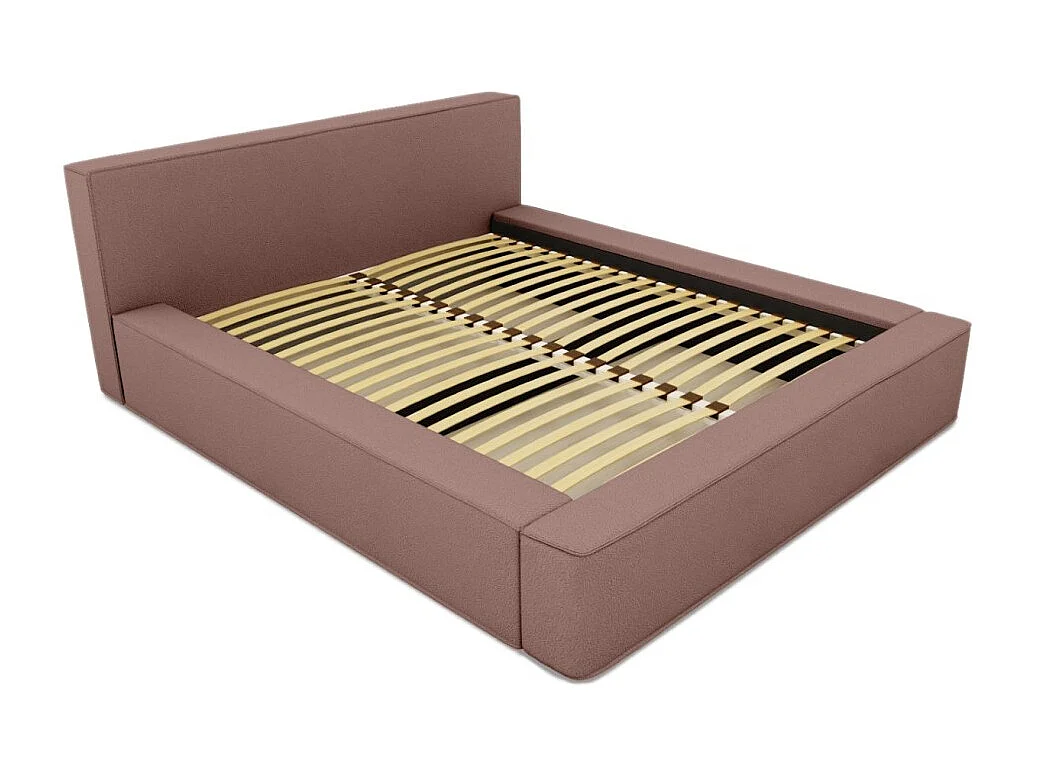 Lit coffre DENALI – Terra-cota bouclé – 140x200 cm – Tecido veludo macio – Estrado elevatório – Armazenamento integrado