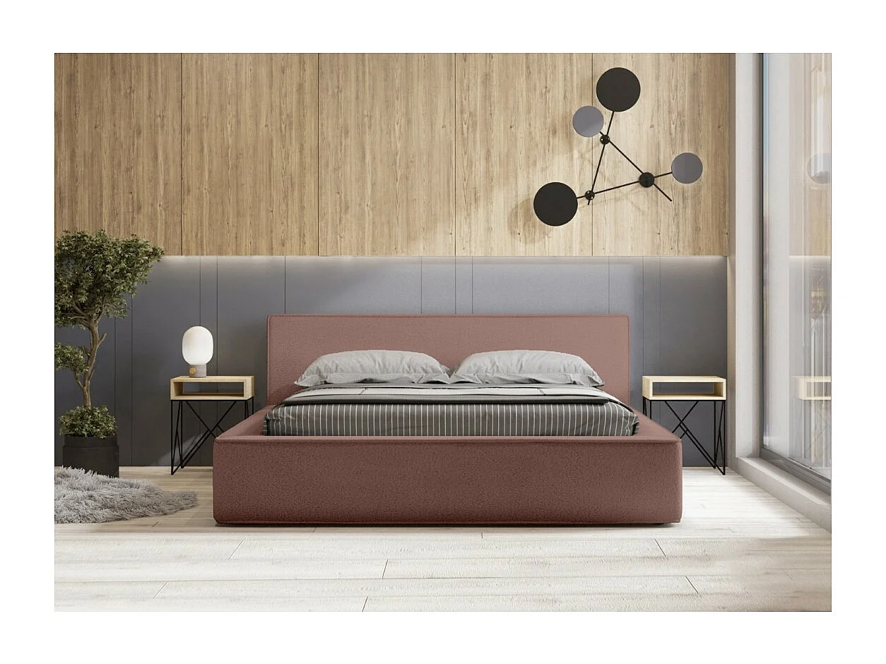 Lit coffre DENALI – Terra-cota bouclé – 140x200 cm – Tecido veludo macio – Estrado elevatório – Armazenamento integrado