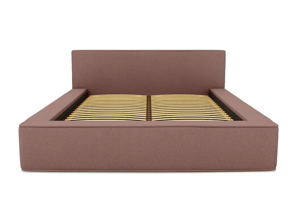 Lit coffre DENALI – Terra-cota bouclé – 140x200 cm – Tecido veludo macio – Estrado elevatório – Armazenamento integrado