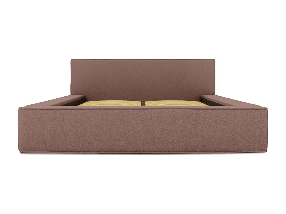 Lit coffre DENALI – Terra-cota bouclé – 140x200 cm – Tecido veludo macio – Estrado elevatório – Armazenamento integrado