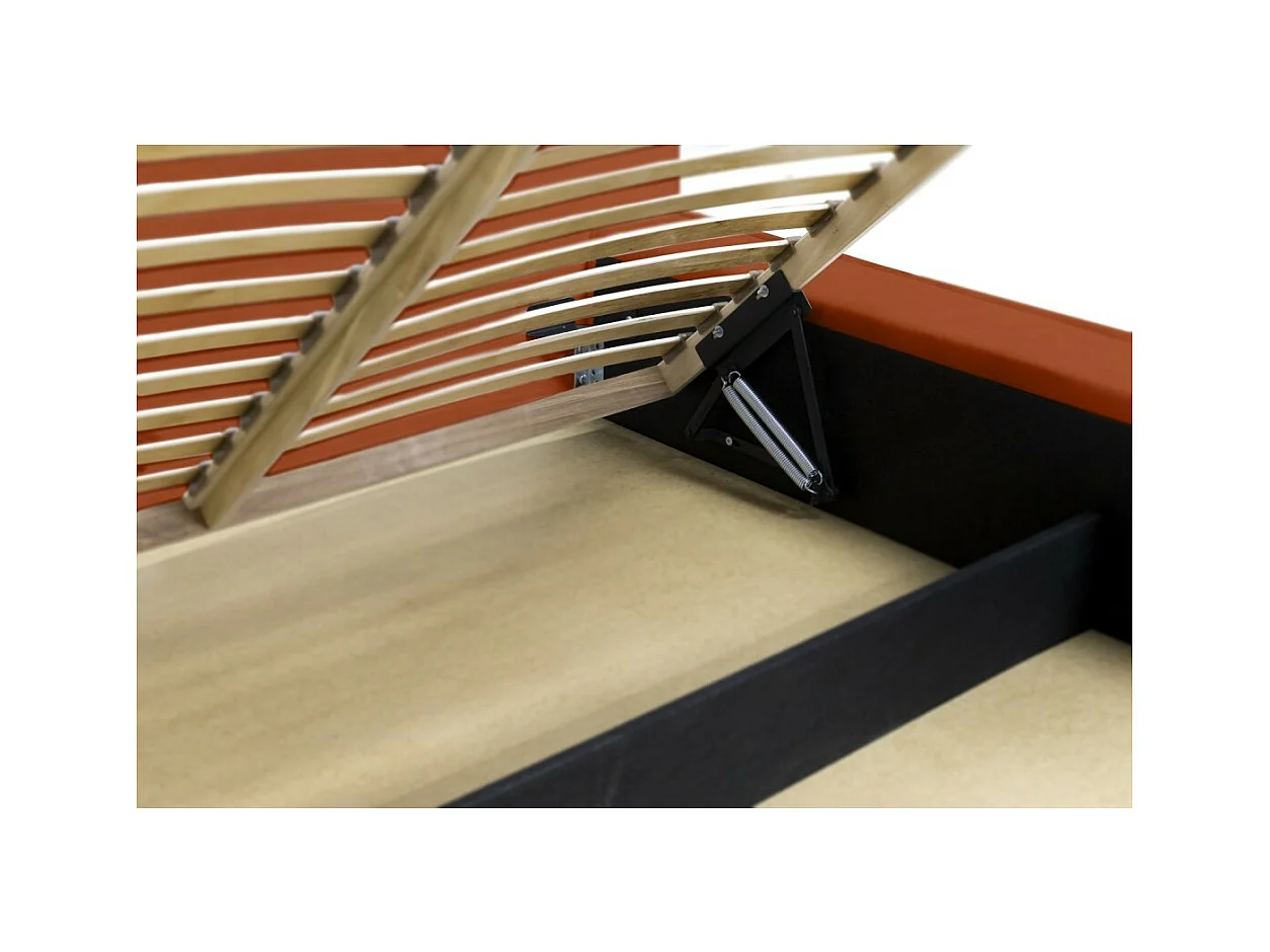 Cama baú DENALI – Terracota – 140x200 cm – Tecido veludo macio – Estrado elevatório – Armazenamento integrado