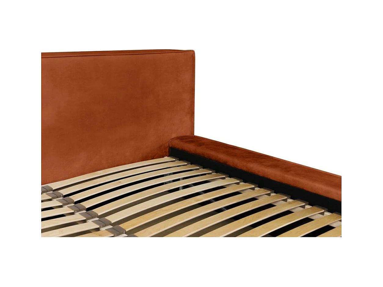 Cama baú DENALI – Terracota – 140x200 cm – Tecido veludo macio – Estrado elevatório – Armazenamento integrado