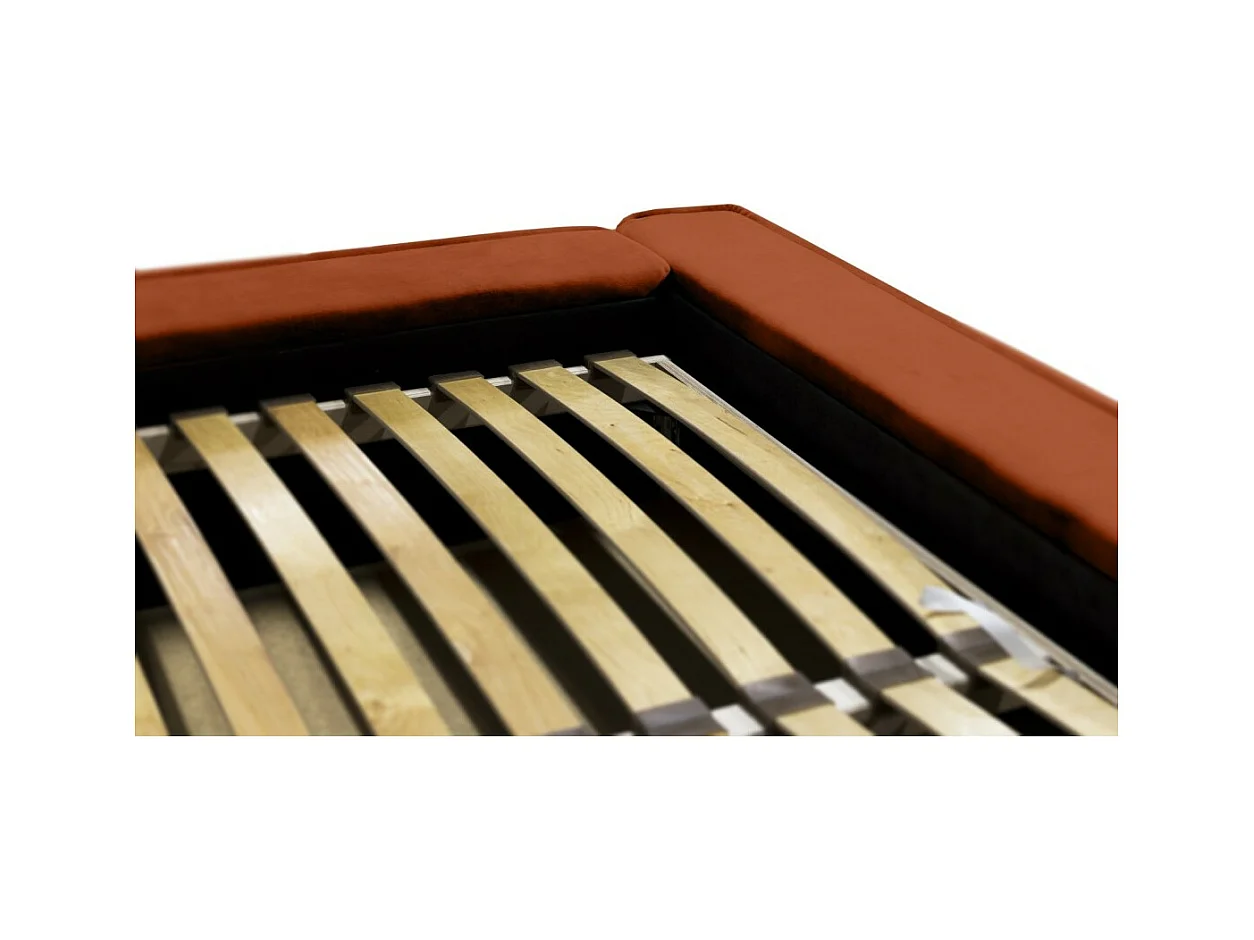 Cama baú DENALI – Terracota – 140x200 cm – Tecido veludo macio – Estrado elevatório – Armazenamento integrado